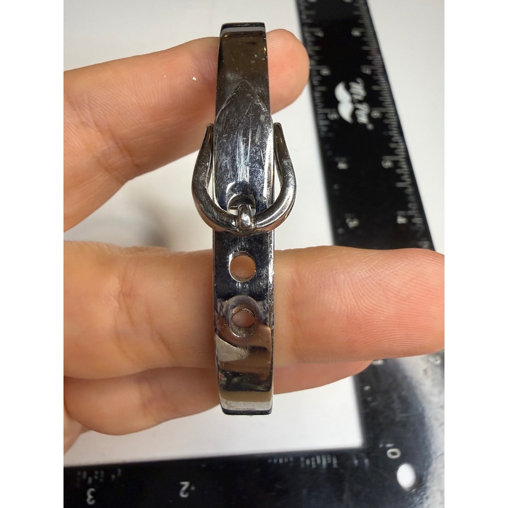 Hallmark HMK LIC Stainless Steel Buckle Bangle Bracelet Silver Tone Hinged Cuff